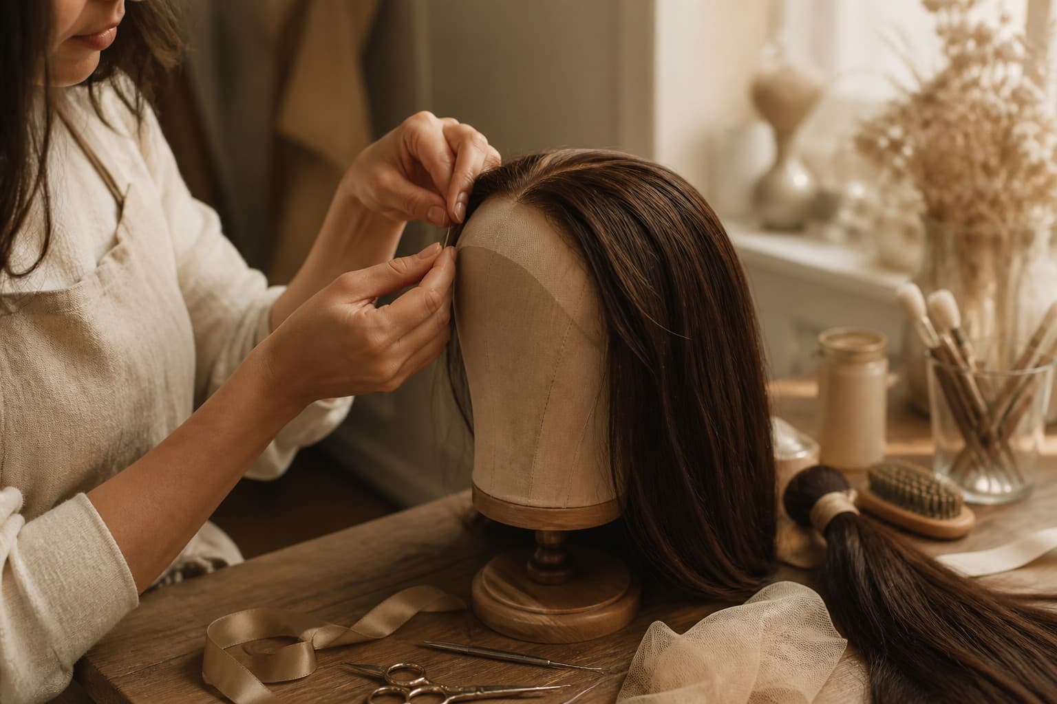 Artisan finishing a hand-tied wig in the atelier